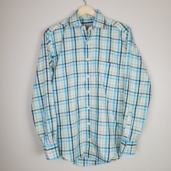 Peter Millar Men's Plaid Button-Down Shirt Small 100% Cotton‎ Green/Blue/White - Picture 1 of 7